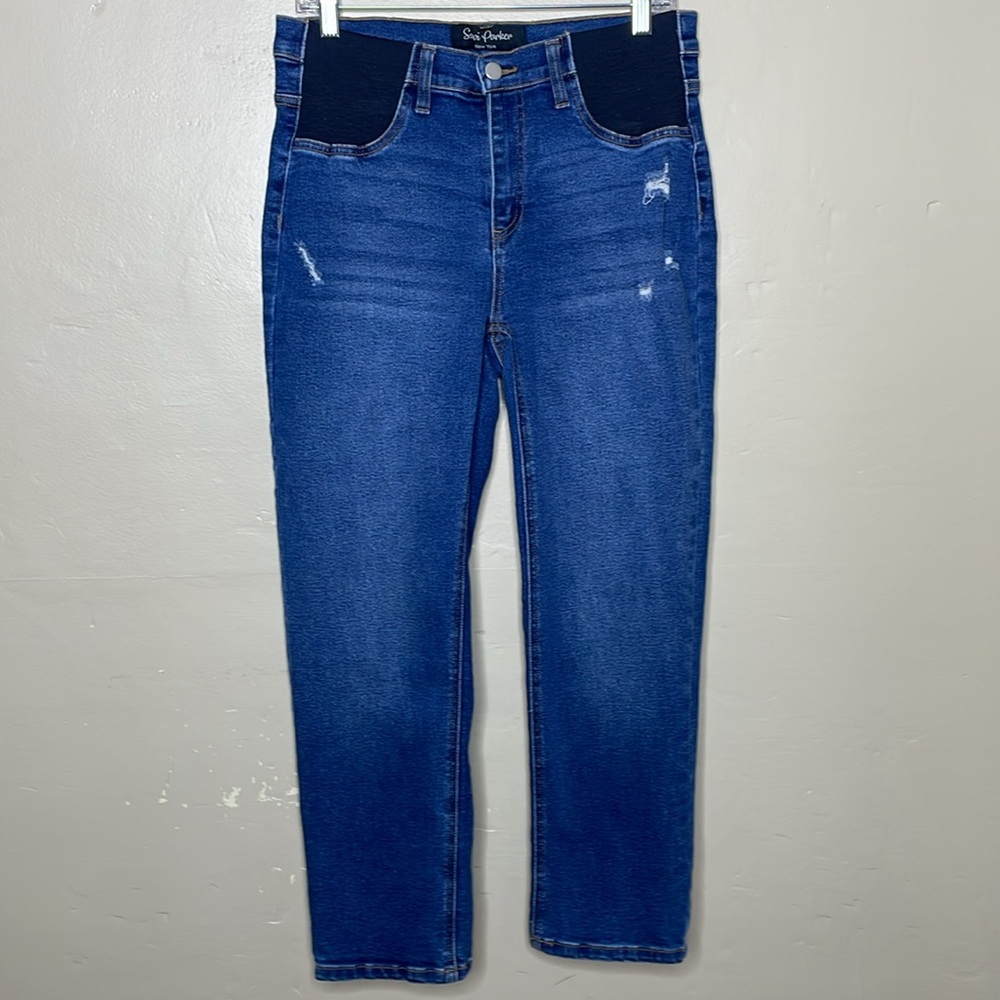 SAVI PARKER Maternity Jeans Straight Leg Distressed Elastic Waist Panels Small